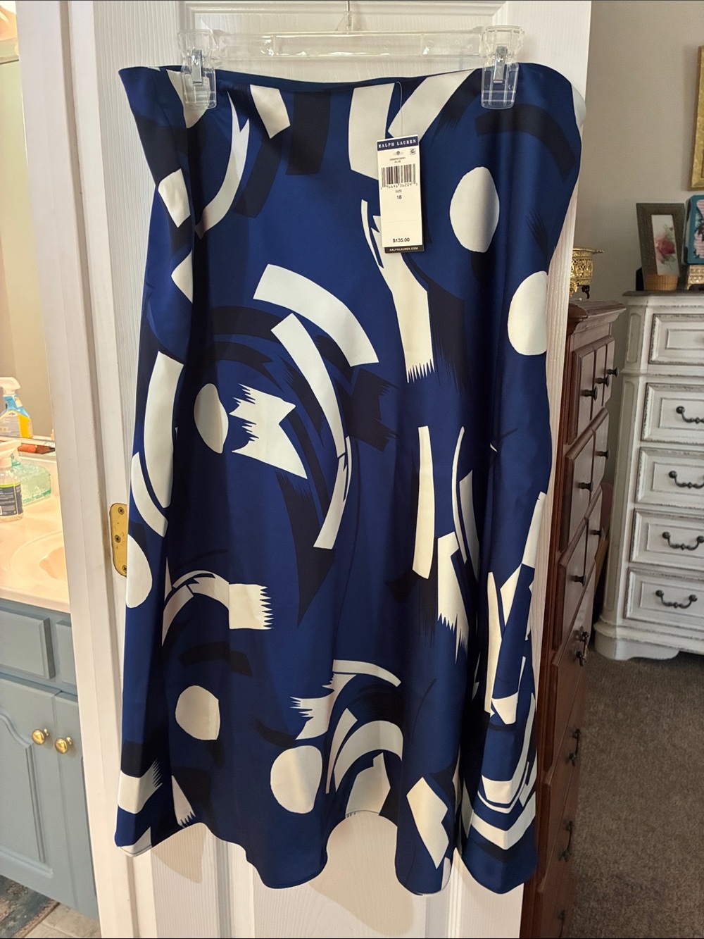 NWTLauren Ralph Lauren Royal Blue Bold Black White Print Pull On Skirt SZ 18